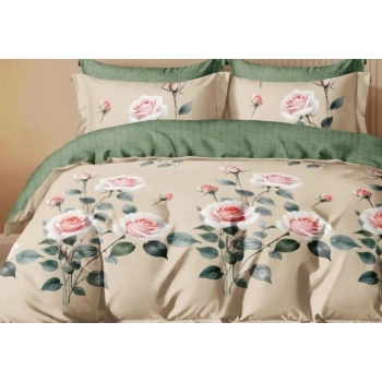 Pościel 160x200 beżowa w róże PK683 z prześcieradłem